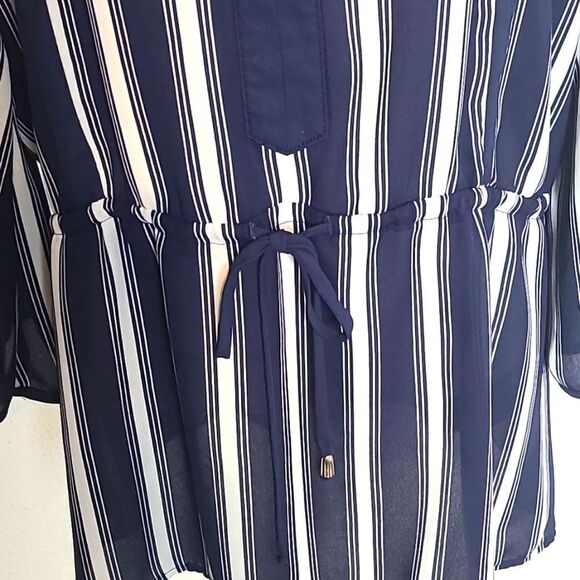 Ellen Weaver Navy Blue & White Stripe Blouse with Elastic Tie Waistband, Size 1X - Picture 4 of 9
